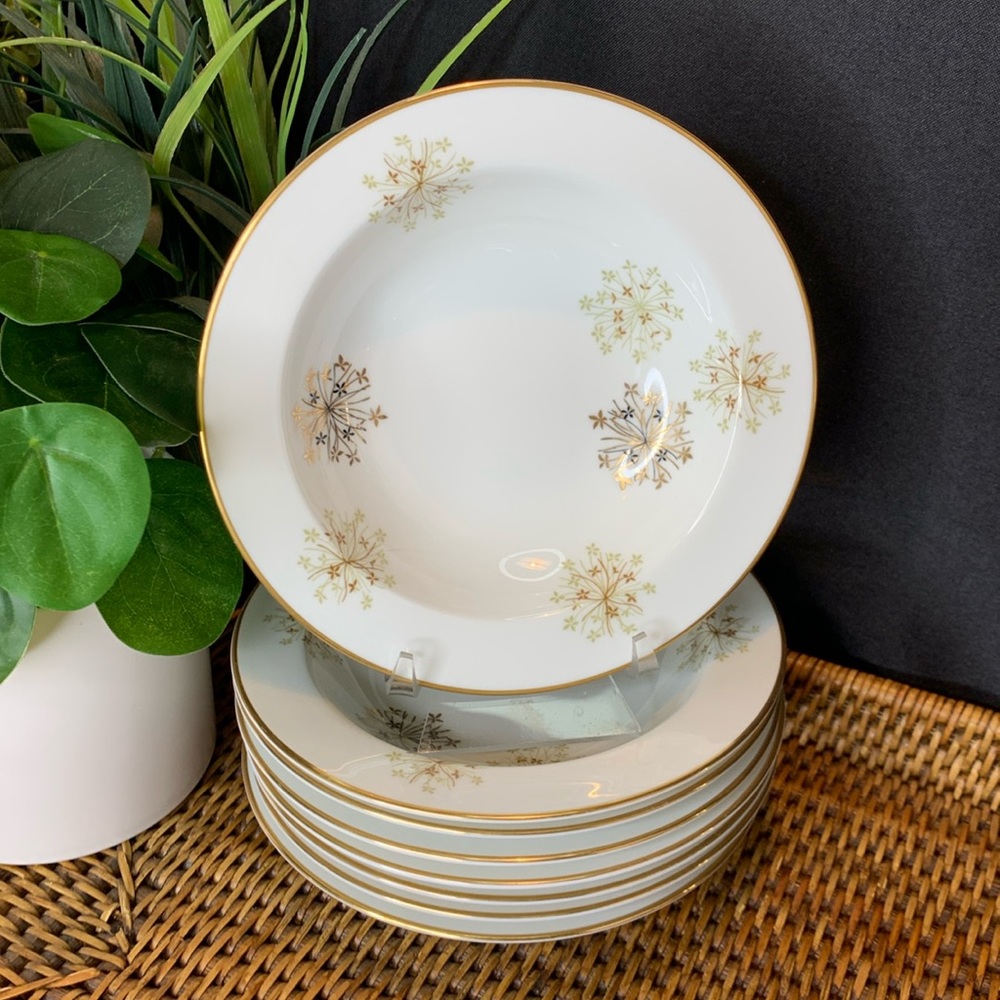 Set of 8 vintage MCM Noritake black and gold SNOWFLAKE 6934 berry bowl